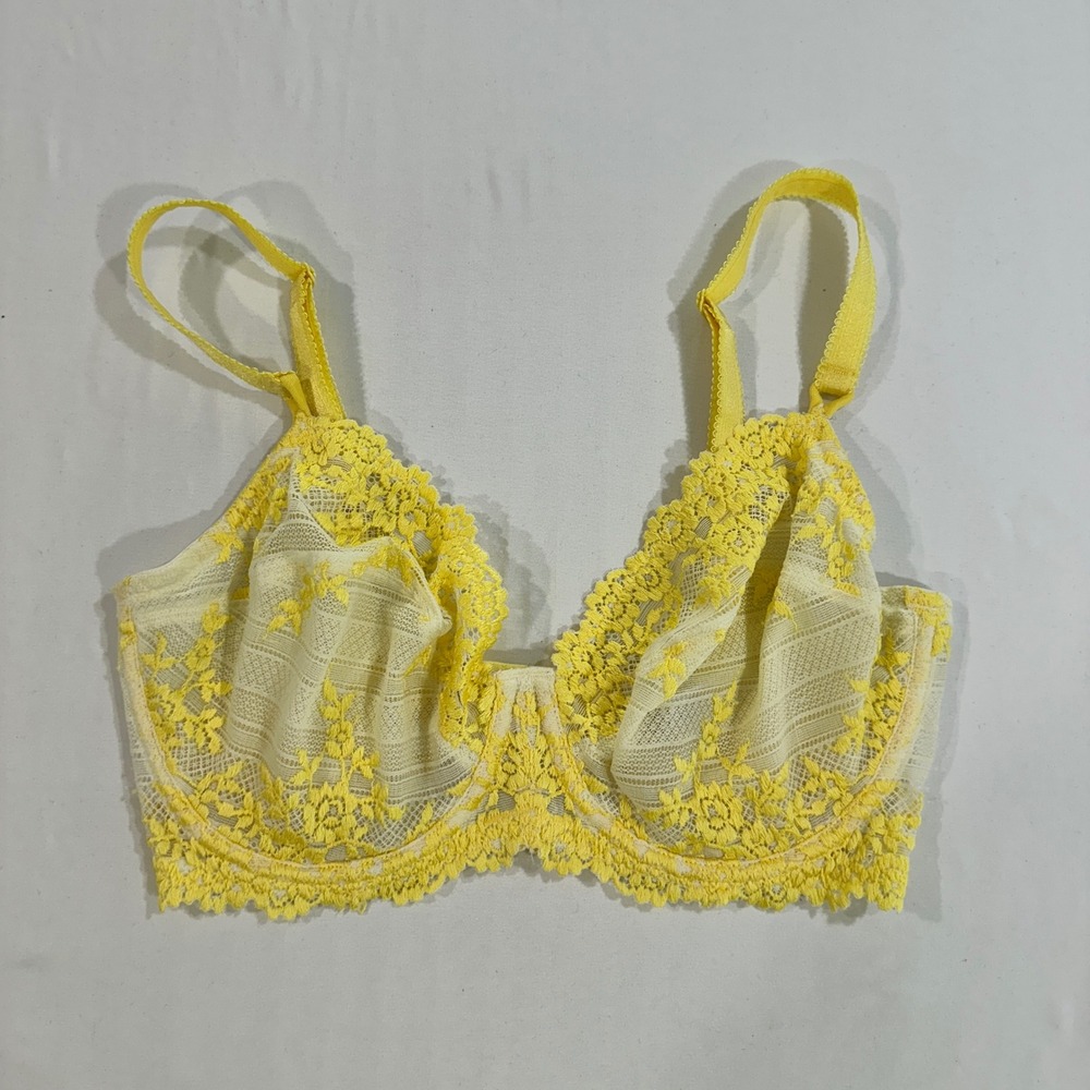 Wacoal Bra 65191 Womens 34DD Yellow Floral Lace Underwire Unlined Mesh Romantic